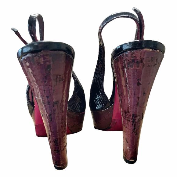 MIU MIU Black Patent Leather Sandals Peep Toe Sling Back Platforms Italy 38.5 - Picture 12 of 16